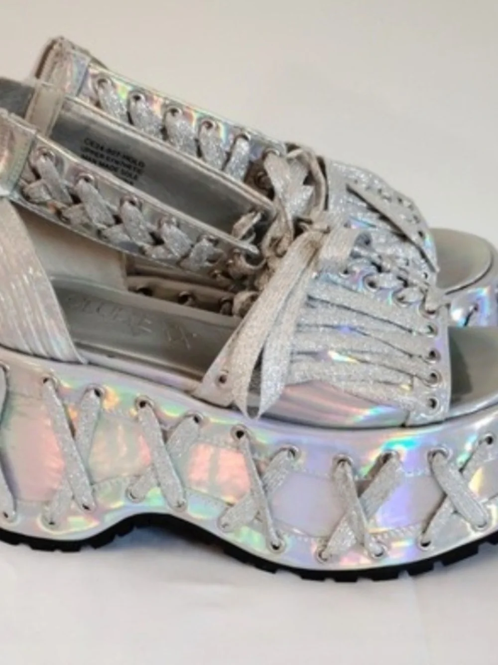 Dolls Kill Holographic Silver Lace-Up Platform Sandals